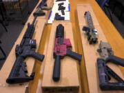 FILE - &ldquo;Ghost guns&rdquo; are displayed at the headquarters of the San Francisco Police Department, Nov. 27, 2019, in San Francisco. Nevada&rsquo;s Supreme Court upheld the state&rsquo;s ban on ghost guns Thursday, April 18, 2024, overturning a lower court&rsquo;s ruling that had sided with a gun manufacturer&rsquo;s&rsquo; argument the 2021 law regulating firearm components with no serial numbers was too broad and unconstitutionally vague.