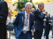 Federal Reserve Chair Jerome Powell arrives for the plenary session of the International Monetary and Financial Committee (IMFC) meeting, during the World Bank/IMF Spring Meetings at the International Monetary Fund (IMF) headquarters in Washington, Friday, April 19, 2024.
