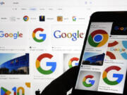 FILE - Google logos are displayed when searched for Google in New York, Sept. 11, 2023. Google said it will combine the software division responsible for Android mobile software and the Chrome browser with the hardware division known for Pixel smartphones and Fitbit wearables. It is part of a broader push to integrate artificial intelligence more broadly throughout the company.
