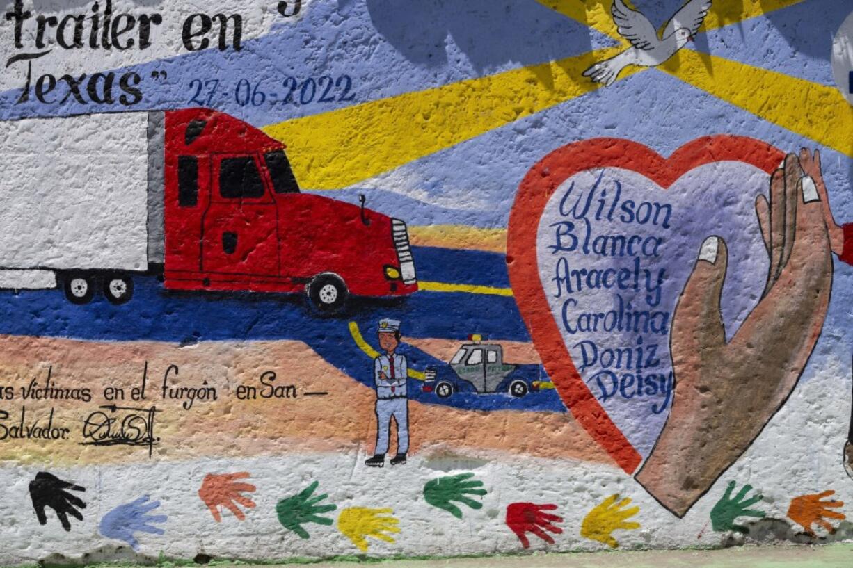 A list of young migrants who died asphyxiated in 2022 in a smuggler&rsquo;s trailer truck in San Antonio, Texas, covers a wall in their hometown of Comitancillo, Guatemala, Tuesday, March 19, 2024. Tens of thousands of youth from this region would rather take deadly risks, even repeatedly, than stay behind where they see no future.