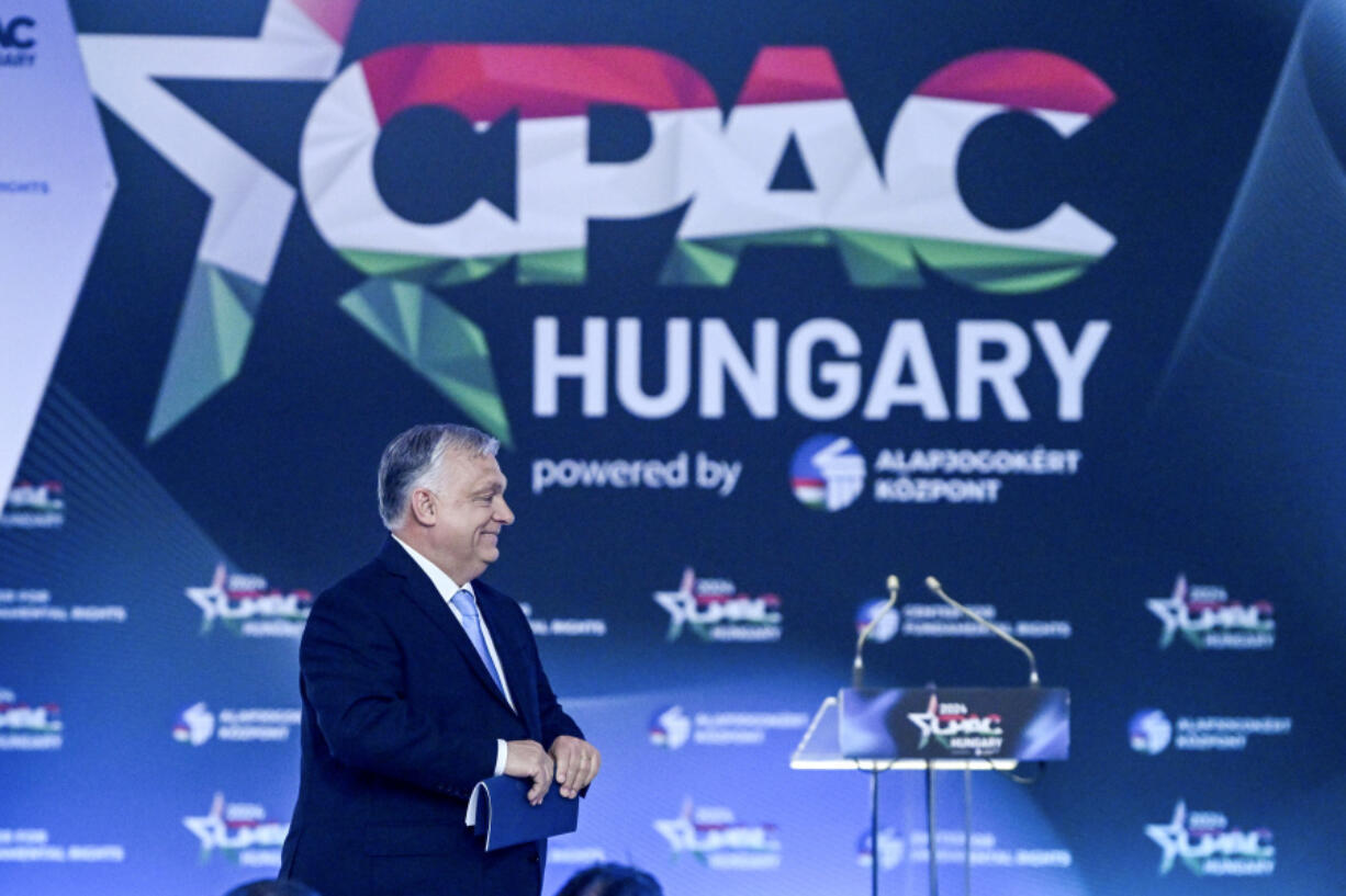 Hungarian Prime Minister Viktor Orban arrives at the third Hungarian edition of the Conservative Political Action Conference, CPAC Hungary, in Budapest, Hungary, Thursday, April 25, 2024.