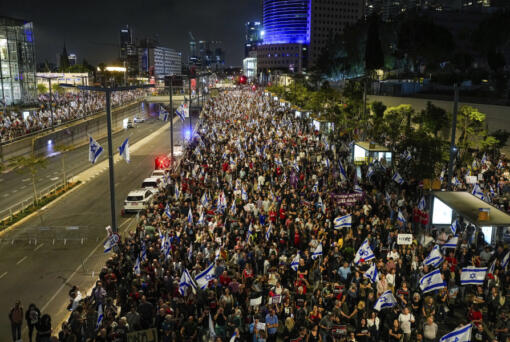 People protest against Israeli Prime Minister Benjamin Netanyahu&#039;s government and call for the release of hostages held in the Gaza Strip by the Hamas militant group in Tel Aviv, Israel, Saturday, April 27, 2024.