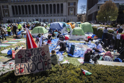 FILE - A sign sits erected at the pro-Palestinian demonstration encampment at Columbia University in New York, Monday, April 22, 2024.