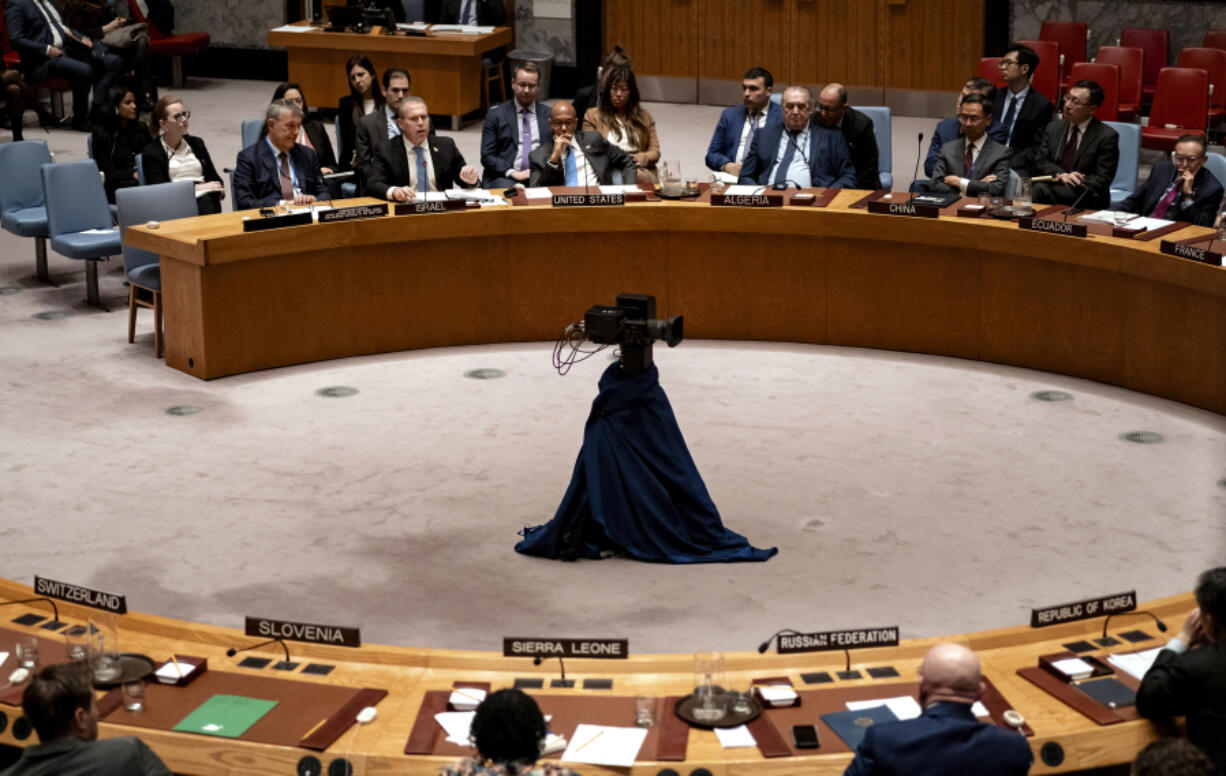 Israel&rsquo;s U.N. Ambassador Gilad Erdan, top left, addresses members of the United Nations Security Council at U.N. Headquarters Wednesday, April 17, 2024.