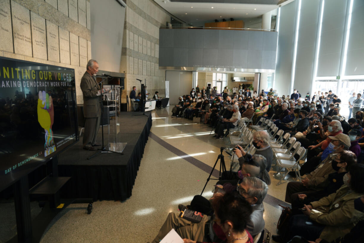 FILE - Richard Katsuda, educator and co-chair of Nikkei for Civil Rights and Redress opens the LA Day of Remembrance at the Japanese American National Museum in Los Angeles, Feb. 18, 2023. The names of thousands of people held in Japanese American incarceration camps during World War II will be digitized and made available for free, genealogy company Ancestry announced Wednesday, April 24, 2024.