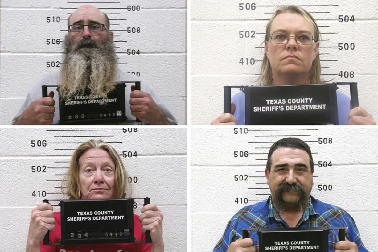 This combination of booking photo provided by the Oklahoma State Bureau of Investigation shows Tad Bert Cullum, top left, Cora Twombly, top right, Tifany Machel Adams, bottom left, and Cole Earl Twombly, bottom right. On Saturday, April 13, 2024, Oklahoma authorities said they arrested and charged these four people with murder and kidnapping over the weekend in connection with the disappearances of Veronica Butler and Jilian Kelley.