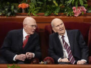 President Russell M. Nelson, right, speaks with counselor Dallin H. Oaks during The Church of Jesus Christ of Latter-day Saints conference, Sunday, April 7, 2024, in Salt Lake City.