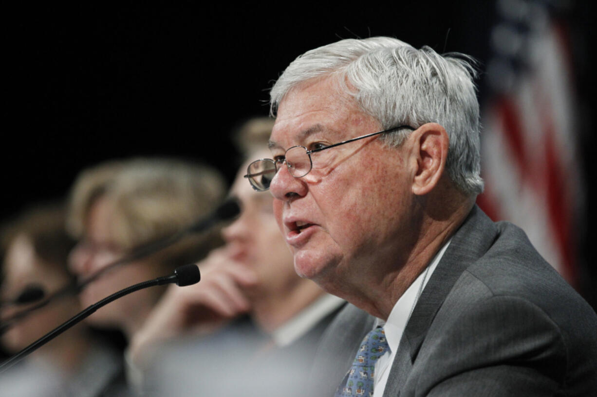 FILE - Sen. Bob Graham, right, speaks during the National Commission on the BP Deepwater Horizon Spill and Offshore Drilling meeting on Sept. 27, 2010, in Washington. The former Florida Sen. Graham, who chaired the Intelligence Committee following the 2001 terrorist attacks and opposed the Iraq invasion, has died, according to an announcement by his family Tuesday, April 16, 2024.