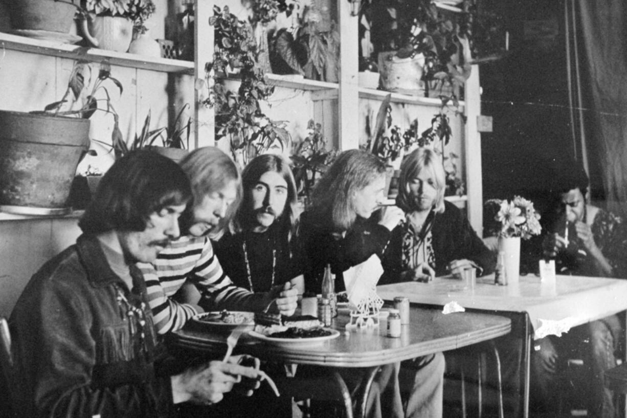 FILE - This undated photo shows members of the Allman Brothers Band, from left, Dickey Betts, Duane Allman, Berry Oakley, Butch Trucks, Gregg Allman and Jai Johanny &ldquo;Jaimoe&rdquo; Johanson, eating at the H&amp;H Restaurant in downtown Macon, Ga. Guitar legend Betts, who co-founded the Allman Brothers Band and wrote their biggest hit, &ldquo;Ramblin&rsquo; Man,&rdquo; died Thursday, April 18, 2024. He was 80.