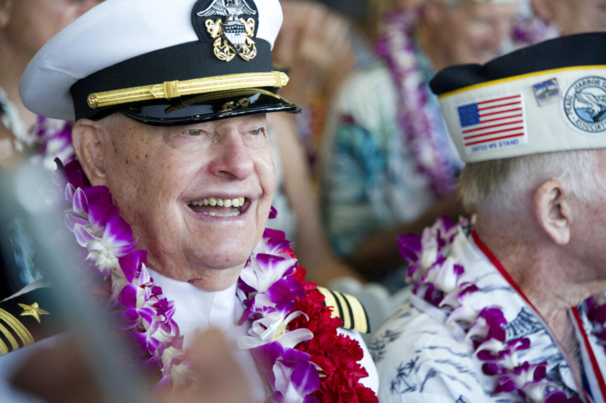 FILE - Lou Conter, an Arizona crewman, attends ceremonies for the 75th anniversary of the Japanese attack on Pearl Harbor, Dec. 7, 2016, in Honolulu. Conter, the last living survivor of the USS Arizona battleship that exploded and sank during the Japanese bombing of Pearl Harbor, died on Monday, April 1, 2024, following congestive heart failure, his daughter said. He was 102. (Craig T.