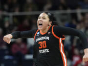 Oregon State forward Timea Gardiner during the first half of a Sweet 16 college basketball game against the Notre Dame in the NCAA Tournament in Albany, N.Y., Friday, March 29, 2024.