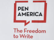 FILE - A logo is displayed at the PEN America Literary Awards, March 2, 2023, in New York. Facing widespread unhappiness over its response to the Israel-Hamas war, the writers&rsquo; group PEN America on Monday, April 22, 2024, called off its annual awards ceremony.