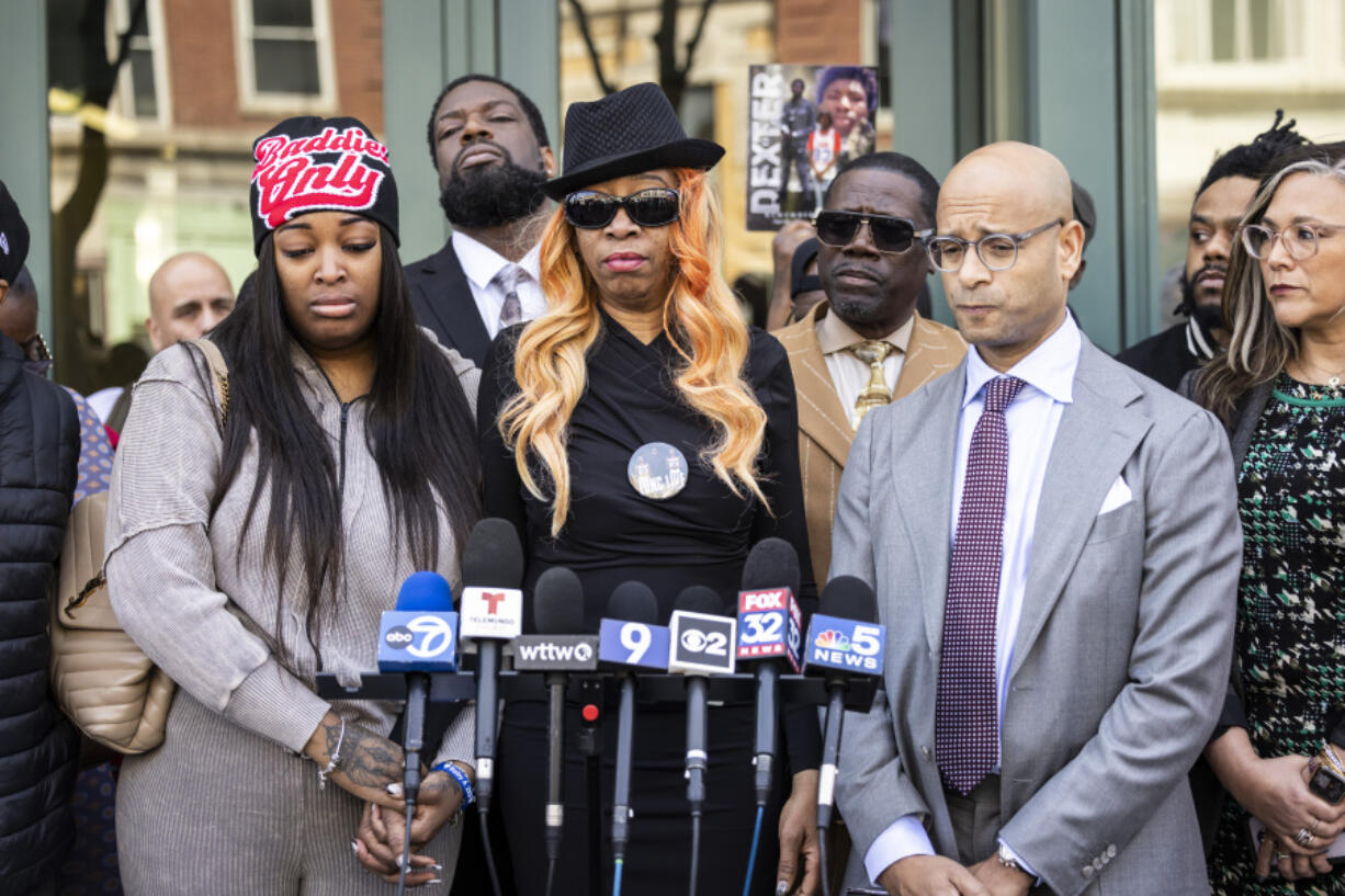 Flanked by family members, attorneys and supporters, Dexter Reed&rsquo;s mother, Nicole Banks, speaks to reporters outside the headquarters for the Civilian Office of Police Accountability in West Town, Chicago, Tuesday, April 9, 2024. Reed, 26, was shot to death March 21 during a traffic stop by Chicago police.