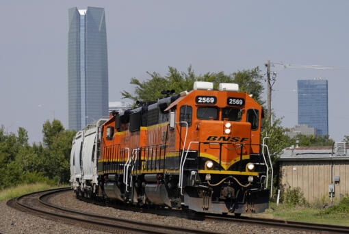 FILE - A BNSF locomotive heads south out of Oklahoma City, Sept. 14, 2022. BNSF will become the second major freight railroad to allow some of its employees to report safety concerns anonymously through a federal system without fear of discipline, the Federal Railroad Administration announced Thursday, April 25, 2024.