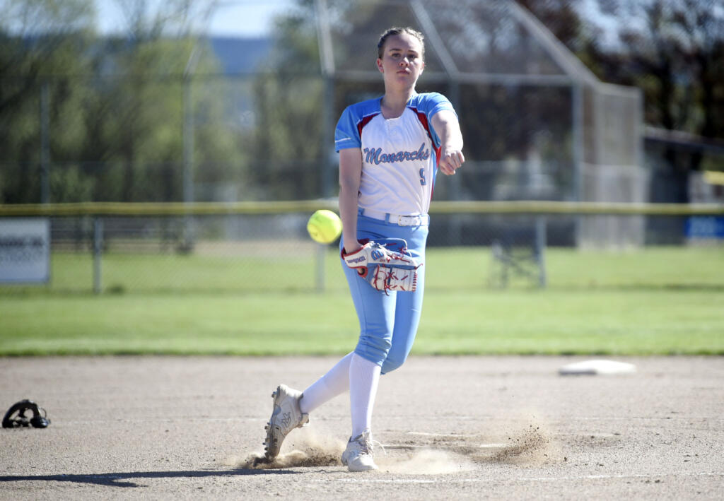 Mark Morris pitcher Makenzie Henthorn throws a warm-up pitch prior to the start of a 2A Greater St. Helens League softball game against Ridgefield on Wednesday, April 17, 2024, in Longview.