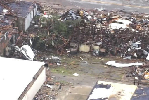 This image taken from video provided by KOCO shows buildings destroyed by a tornado in Sulphur, Okla., Sunday, April 28, 2024.