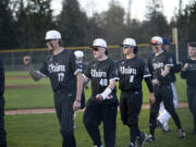 Members of the Union baseball team go through the handshake line after a 2-1 win over Skyview in a 4A Greater St. Helens League baseball game at Skyview High School on Tuesday, April 9, 2024.
