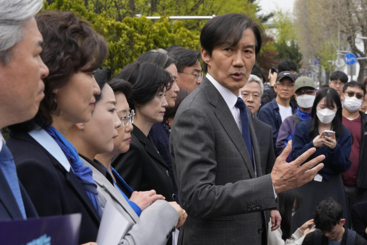 Cho Kuk, leader of the Rebuilding Korea Party, speaks in front of media members in Seoul, South Korea, Thursday, April 11, 2024.