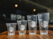This photo provided by Starbucks shows a new version of the company&rsquo;s cold cup which is said to be made with up to 20% less plastic. The introduction of the cups will be announced on Thursday, April 18, 2024.