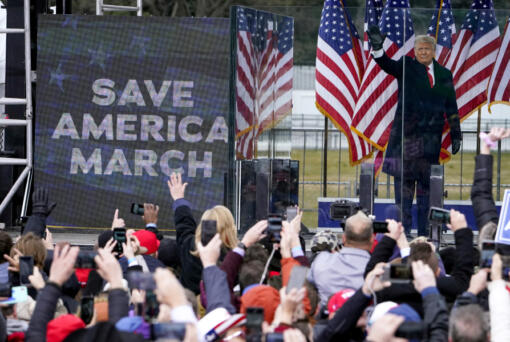 FILE - President Donald Trump arrives to speak at a rally in Washington, on Jan. 6, 2021. The Supreme Court will hear arguments over whether Trump is immune from prosecution in a case charging him with plotting to overturn the results of the 2020 presidential election.