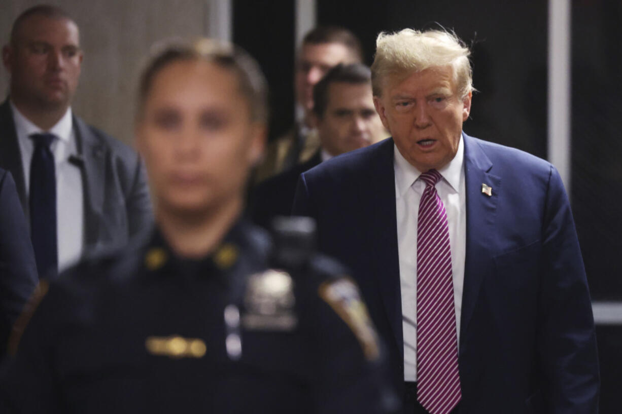 Former President Donald Trump arrives at Manhattan Criminal Court on Friday, April 19, 2024 in New York.