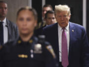 Former President Donald Trump arrives at Manhattan Criminal Court on Friday, April 19, 2024 in New York.