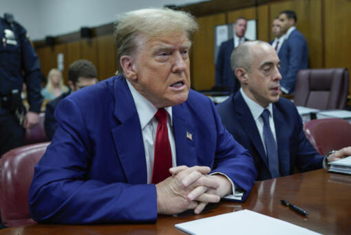 Former President Donald Trump awaits the start of proceedings at Manhattan criminal court, Tuesday, April 30, 2024, in New York.