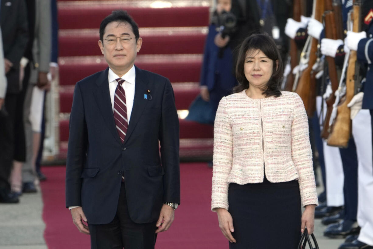 Japan&rsquo;s Prime Minister Fumio Kishida, left, and his wife Yuko Kishida participate in an arrival ceremony at Andrews Air Force Base, Md., Monday, April 8, 2024. Kishida is set for his much-anticipated visit to Washington, which will include a glamorous state dinner on Wednesday. The visit comes amid growing concerns about provocative Chinese military action as well as a rare moment of public difference between Washington and Tokyo over a Japanese company&rsquo;s plan to buy the iconic U.S. Steel.