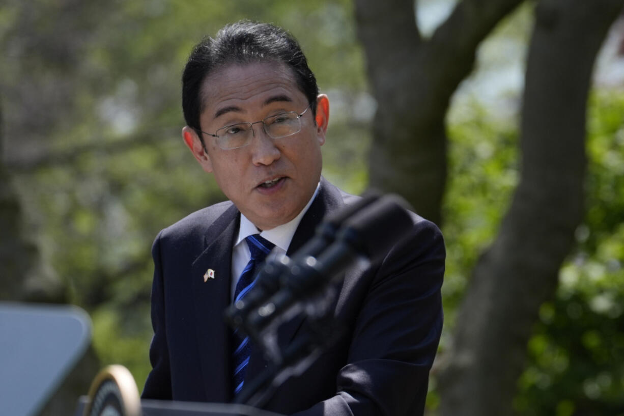 Japanese Prime Minister Fumio Kishida speaks during a news conference with President Joe Biden in the Rose Garden of the White House, Wednesday, April 10, 2024, in Washington.