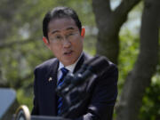 Japanese Prime Minister Fumio Kishida speaks during a news conference with President Joe Biden in the Rose Garden of the White House, Wednesday, April 10, 2024, in Washington.