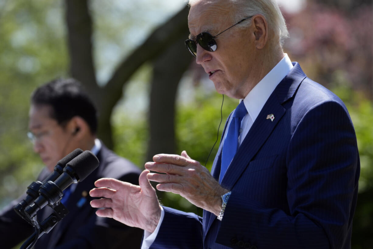 President Joe Biden speaks during a news conference with Japanese Prime Minister Fumio Kishida in the Rose Garden of the White House, Wednesday, April 10, 2024, in Washington.