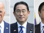 This combination photo shows President Joe Biden from left, and Japanese Prime Minister Fumio Kishida on April 10, 2024, in Washington, and Philippine President Ferdinand Marcos Jr. on March 12, 2024, in Berlin. Biden is gathering Marcos Jr. and Kishida at the White House on Thursday, April 11, as the three nations hold their first ever trilateral summit, aimed at demonstrating that Washington, Manila and Tokyo are in lockstep about their concerns about China&rsquo;s military assertiveness and North Korea&rsquo;s nuclear program.