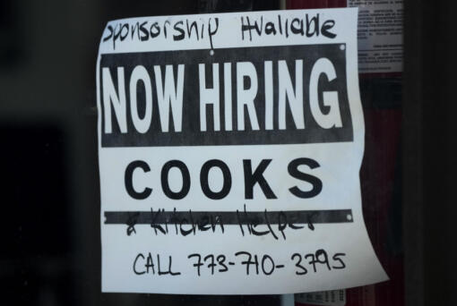 A hiring sign is displayed at a restaurant in Chicago, Monday, March 11, 2024. On Thursday, April 25, 2024, the Labor Department reports on the number of people who applied for unemployment benefits last week. (AP Photo/Nam Y.