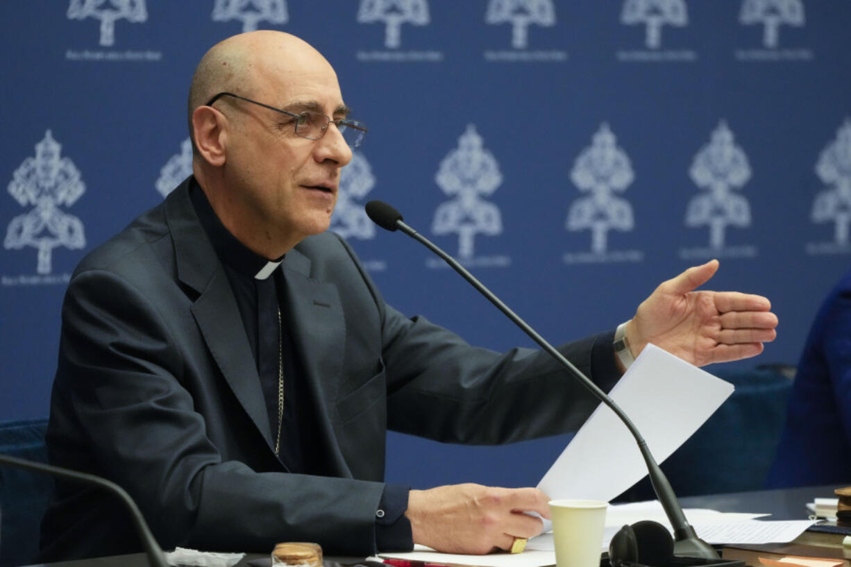 The prefect of the Vatican&rsquo;s Dicastery for the Doctrine of the Faith, Cardinal Victor Manuel Fernandez, presents the declaration &lsquo;Dignitas Infinita&rsquo; (Infinite Dignity) during a press conference at the Vatican, Monday, April 8, 2024.