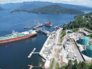 Aerial view of the expanded Trans Mountain oil export terminal in Burnaby, British Columbia. The Westridge Marine Terminal now has three berths, up from one.