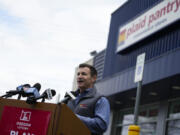 Plaid Pantry President and CEO Jonathan Polonsky speaks during a news conference outside a Plaid Pantry convenience store on Tuesday, April 9, 2024, in Portland, Ore. A ticket matching all six Powerball numbers in Saturday&#039;s $1.3 billion jackpot was sold at the store.