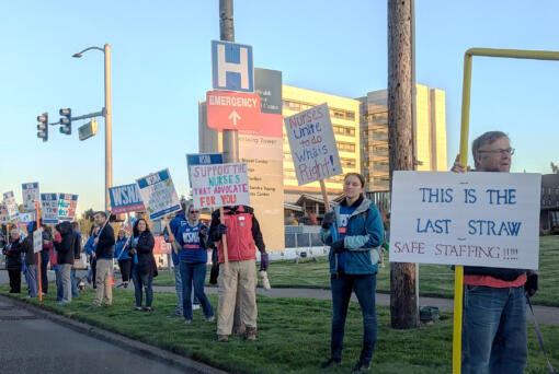 Nurses at PeaceHealth Southwest Medical Center participate in an informational picket Thursday morning in Vancouver.