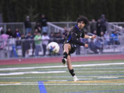 Mountain View's Daniel Reyes sends a free kick into the net to give the Thunder a 1-0 lead over Heritage during a 3A GSHL boys soccer game on Wednesday, May 1, 2024, at Mountain View High School. Graham was issued a red card on the play.