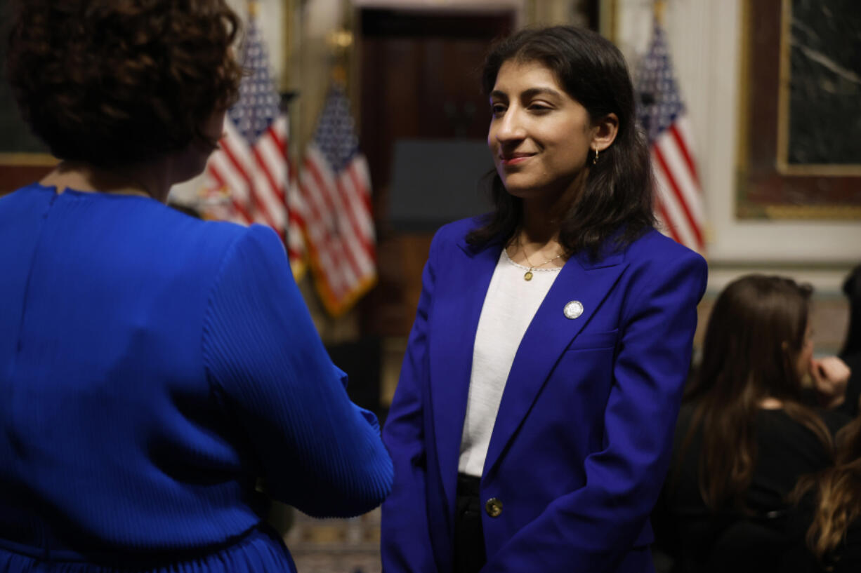 Federal Trade Commission Chair Lina Khan, middle, pictured at the Eisenhower Executive Office Building on April 3, 2024, in Washington, D.C.