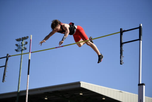 Chase McGee of Camas clears the bar at 15 feet, two inches to win the boys pole vault at the 4A/3A Greater St. Helens League district track and field meet at McKenzie Stadium on Wednesday, May 8, 2024.