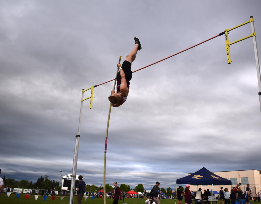 Tucker Wyninger of Stevenson clears the bar at 13 feet, 6 inches on his way to winning the boys pole vault at the 1A District 4 track and field championships at Seton Catholic High School in Vancouver on Thursday, May 16, 2024.