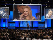 Honoree Nicole Kidman is seen on a video monitor as her husband Keith Urban speaks about her during the 49th AFI Life Achievement Award tribute to Kidman, Saturday, April 27, 2024, at the Dolby Theatre in Los Angeles.
