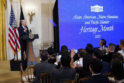 FILE - President Joe Biden speaks before a screening of the series &ldquo;American Born Chinese&rdquo; in the East Room of the White House in Washington, in celebration of Asian American, Native Hawaiian, and Pacific Islander Heritage Month, May 8, 2023. It has been almost 50 years since the U.S. government established that Asian Americans, Native Hawaiians and Pacific Islanders and their accomplishments should be recognized annually across the nation.