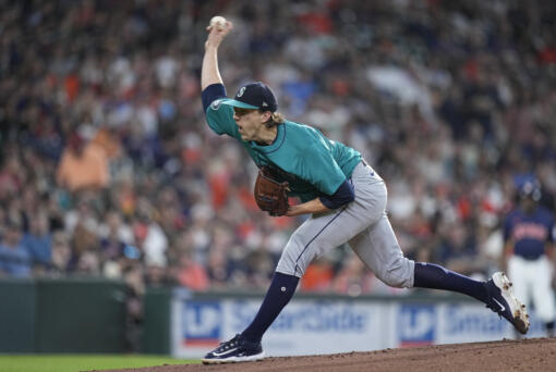 Seattle Mariners starting pitcher Logan Gilbert delivers during the first inning of a baseball game against the Houston Astro,s Saturday, May 4, 2024, in Houston. (AP Photo/Kevin M.