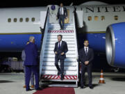 Secretary of State Antony Blinken, centre, is welcomed by Israeli Ambassador to the U.S. Mike Herzog, as he arrives at Ben Gurion Airport near Tel Aviv, Israel, Tuesday, April 30, 2024.