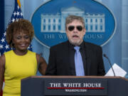 Actor Mark Hamill, right, joins White House press secretary Karine Jean-Pierre as she speaks with reporters in the James Brady Press Briefing Room at the White House, Monday, April 15, 2024, in Washington.