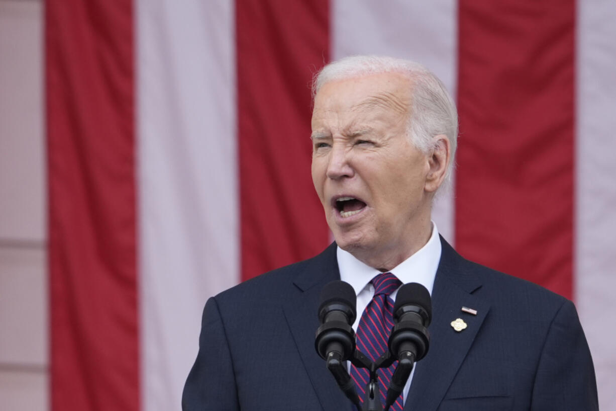 President Joe Biden delivers the Memorial Day Address at the 156th National Memorial Day Observance in the Memorial Amphitheater at Arlington National Cemetery, in Arlington, Va., Monday, May 27, 2024.