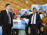 Conservative party candidate Lord Ben Houchen, left, with Britain&rsquo;s Prime Minister Rishi Sunak following his re-election as Tees Valley Mayor in Teesside, England, Friday May 3, 2024.