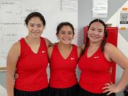 Camas won singles and doubles titles Saturday, May 11, 2024, at Vancouver Tennis Center. Hailey Kerker, center, won the singles title  while Taryn Kerker, left, and Fiona Zou won the doubles.