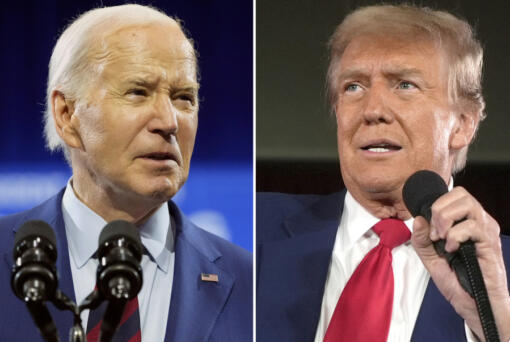 In this combination photo, President Joe Biden speaks May 2, 2024, in Wilmington, N.C., left, and Republican presidential candidate former President Donald Trump speaks at a campaign rally, May 1, 2024, in Waukesha, Wis. Just six months before Election Day, Biden and Trump are locked into the first presidential rematch in 68 years that is at once deeply entrenched and highly in flux as many voters are only just beginning to embrace the reality of the 2024 presidential election.